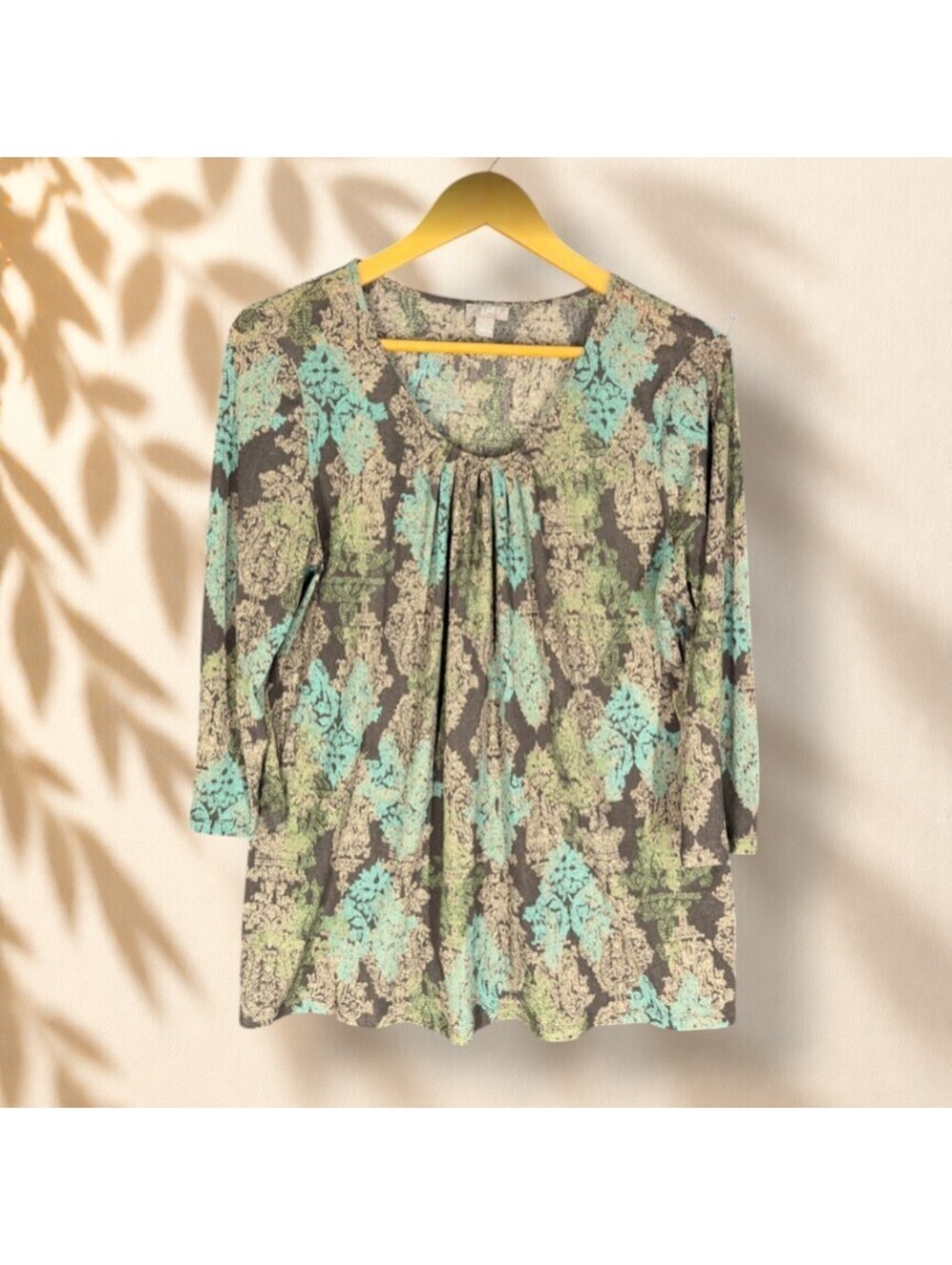 J. Jill Blouse Women L Large Gray Geometric 3/4 Sleeve V-Neck Pullover Casual